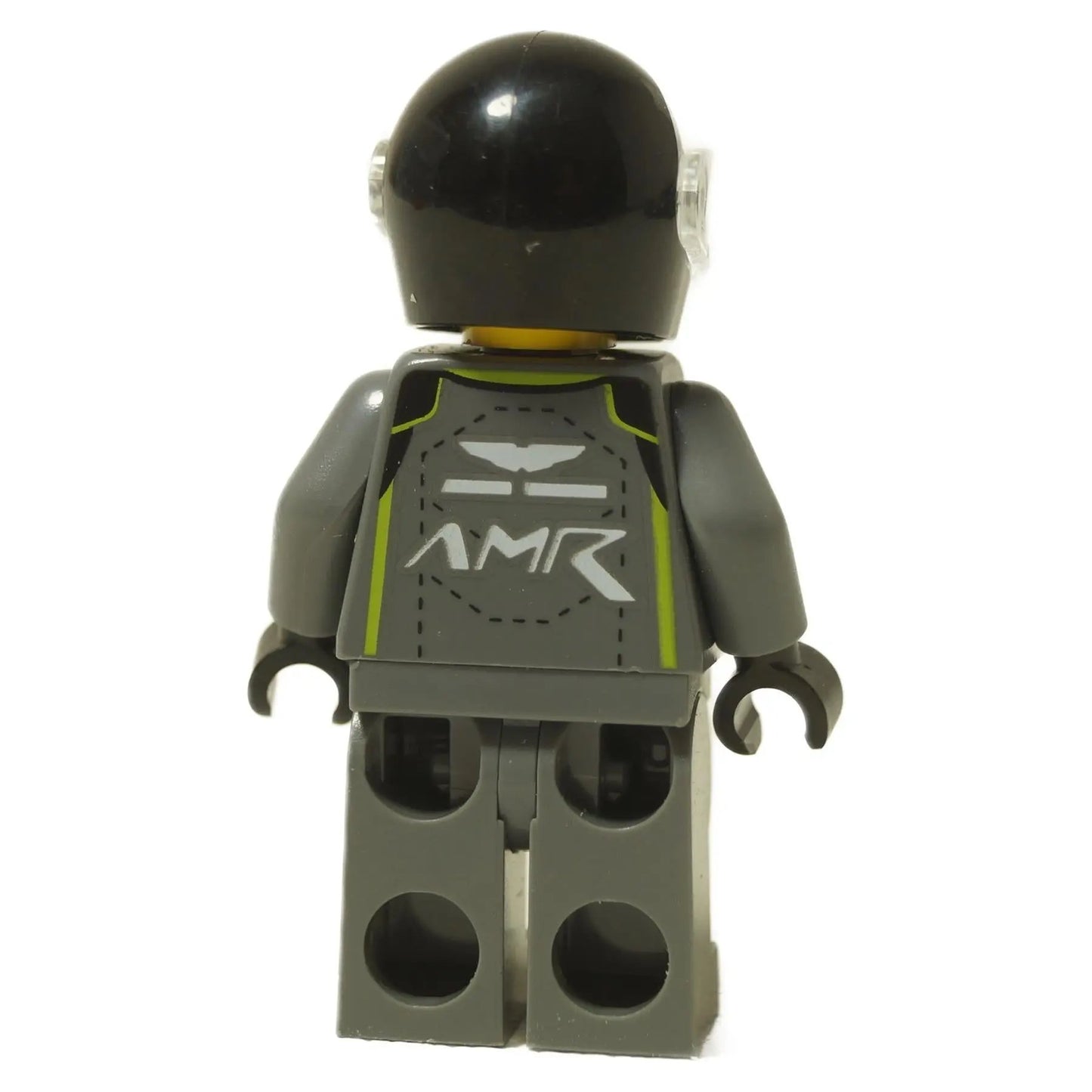 LEGO® Aston Martin Valkyrie AMR Pro Driver minifigure (sc098) back view showing AMR logo and green suit accents.