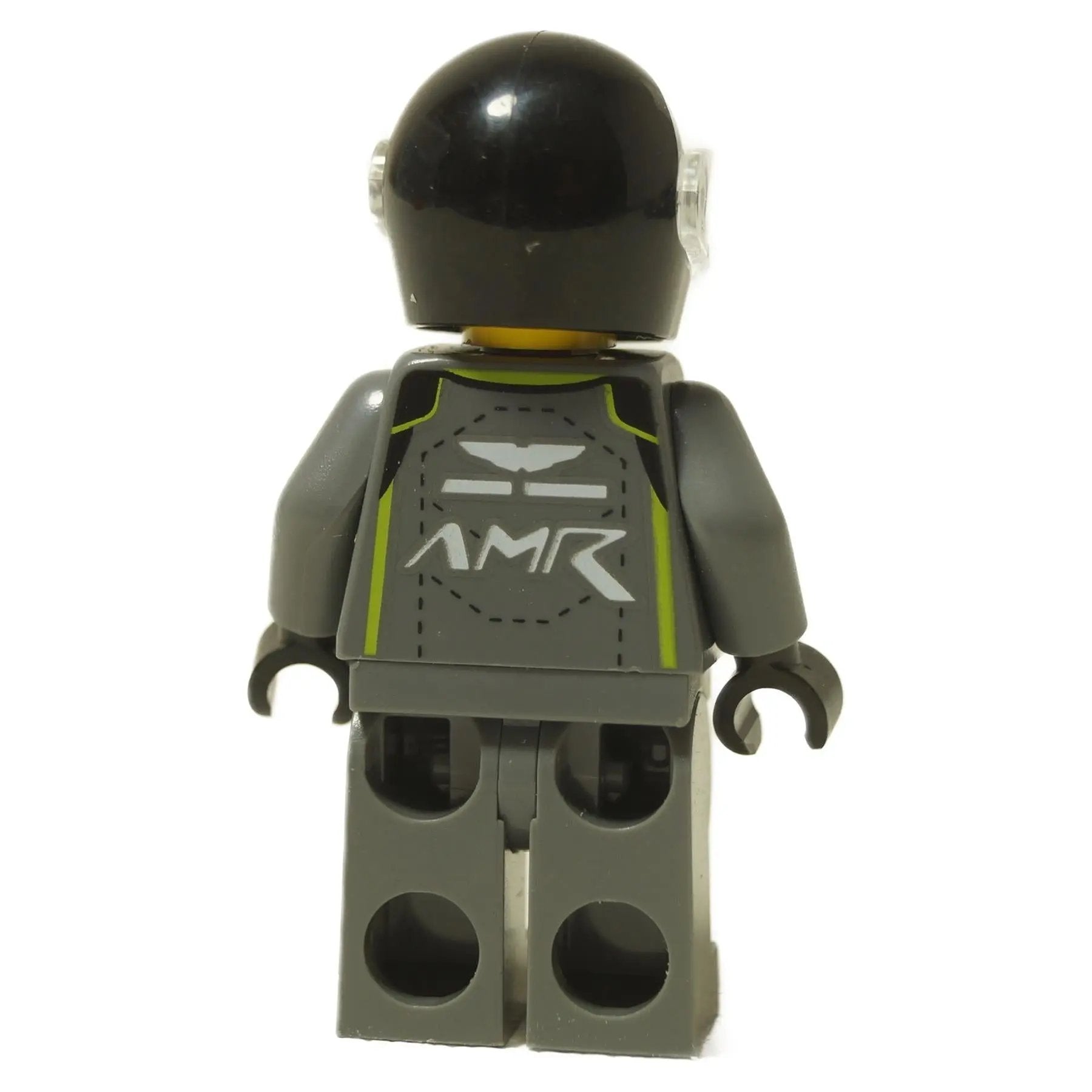 LEGO® Aston Martin Valkyrie AMR Pro Driver minifigure (sc098) back view showing AMR logo and green suit accents.