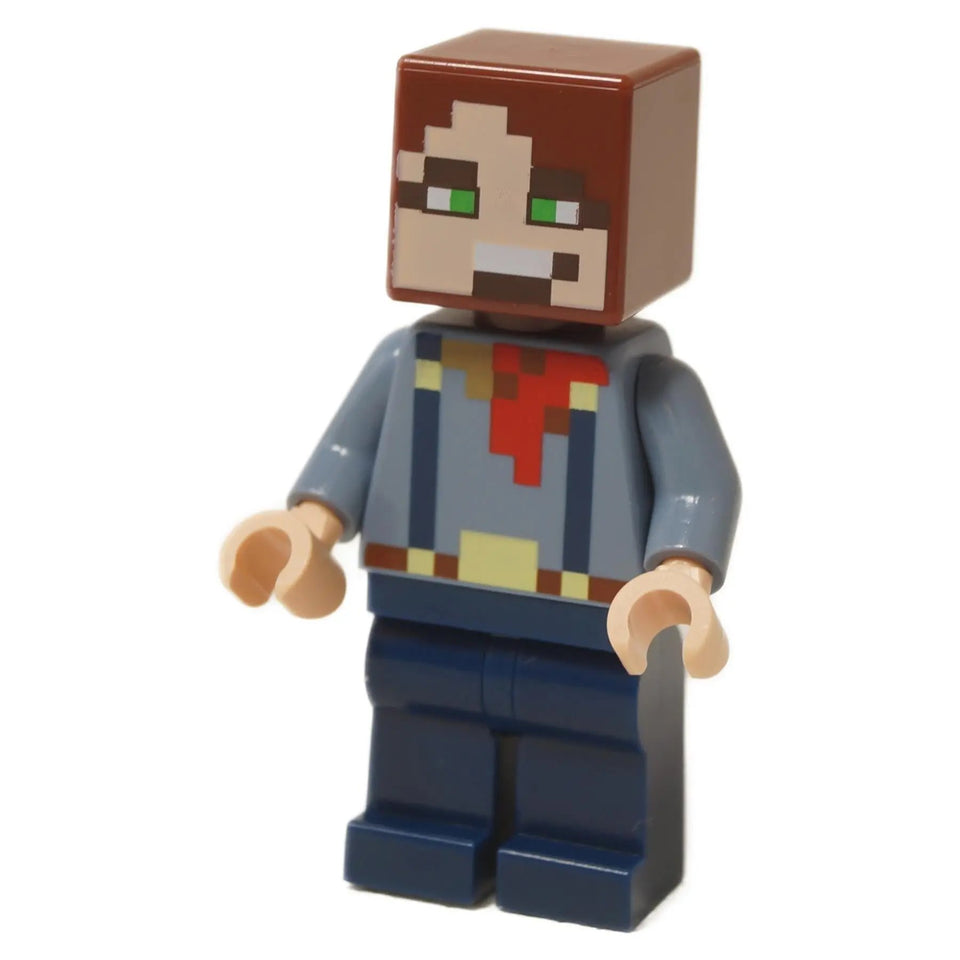 LEGO Minecraft Badlands Explorer minifigure (min176) with a blocky, pixelated head, brown hair, and a blue shirt with printed overalls.