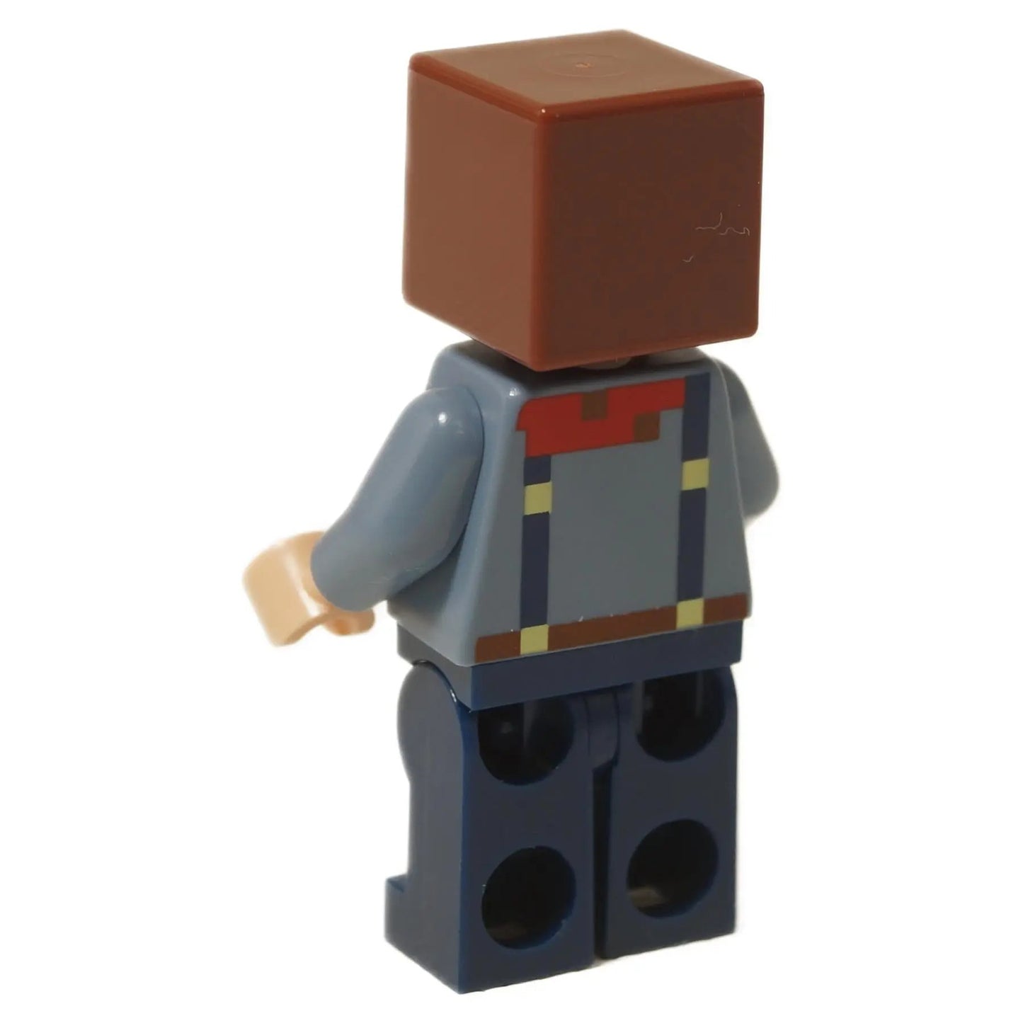 Vista trasera de LEGO® Minecraft Explorador de Badlands Minifigura (min176) con tirantes de overoles impresos y detalles rojos en el torso azul.
