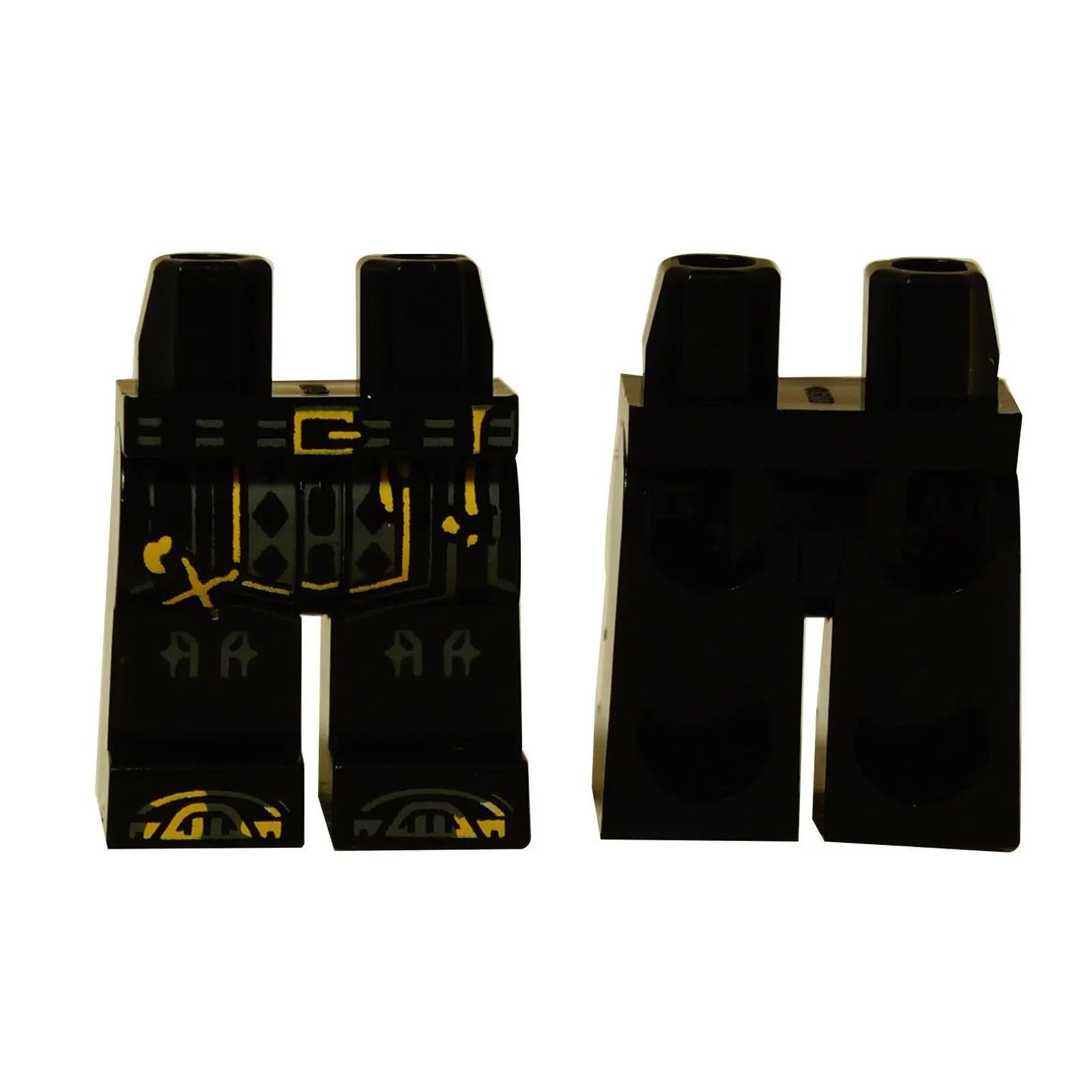 LEGO® minifigure legs in black with yellow buckle and tunic print, detailed lower body piece