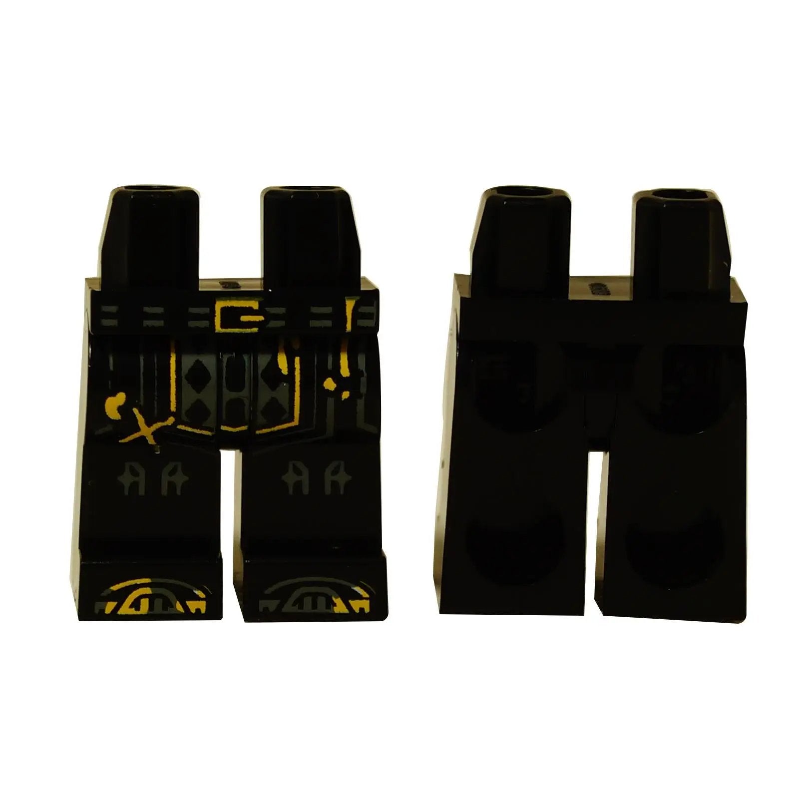 LEGO® minifigure legs in black with yellow buckle and tunic print, detailed lower body piece