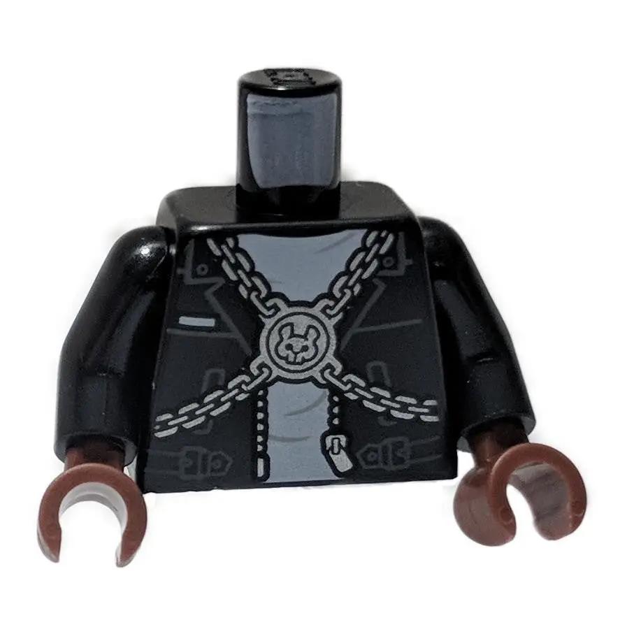 Tronco de minifigura LEGO, casaco de motociclista preto, vista frontal