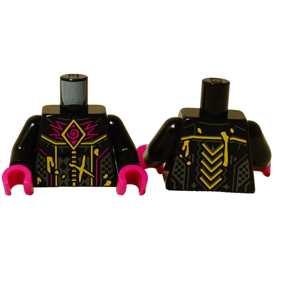 Torso de minifigura LEGO® en negro con espiral magenta y patrón de armadura amarilla, diseño impreso en el pecho y la espalda