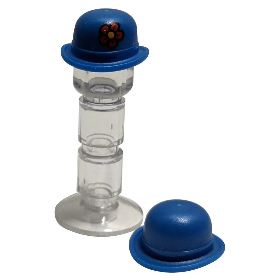 LEGO Blue Bowler Hat with red flower, front and side view