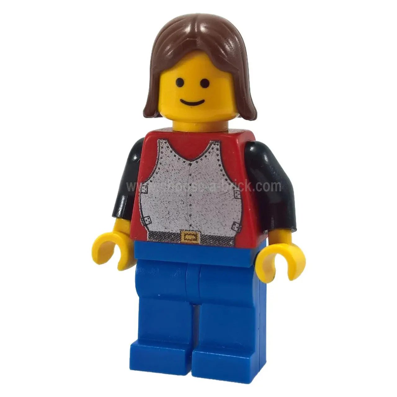 LEGO Knight minifigure, red torso with silver breastplate, front view.
