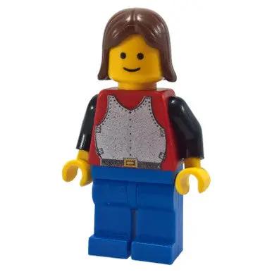 LEGO Knight minifigure, silver breastplate, brown hair, front view.