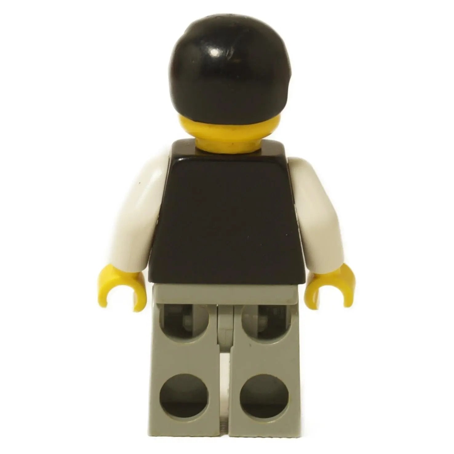 LEGO® Minifigura Policía Sheriff cop037 vista trasera mostrando chaleco negro, mangas blancas y piernas grises.