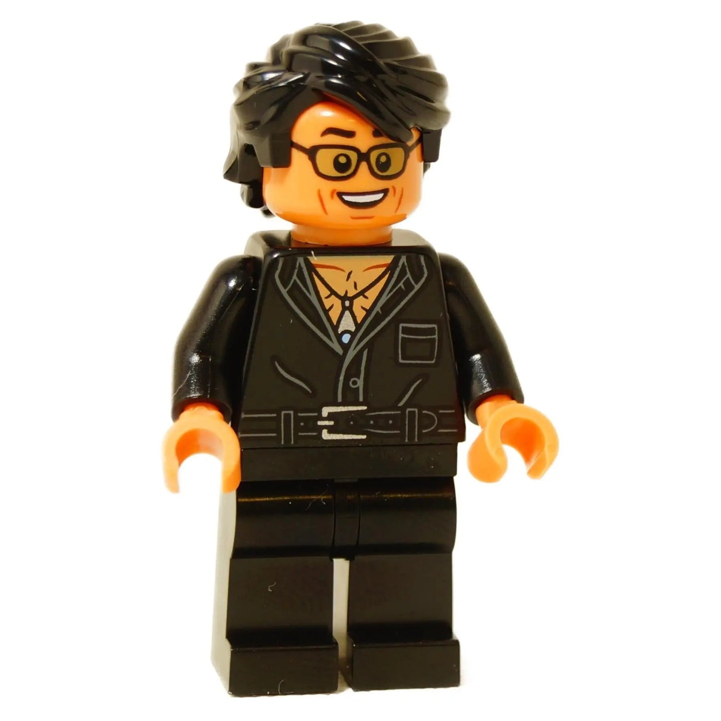 Front view of LEGO Dr. Ian Malcolm minifigure (jw108) with black tousled hair, glasses, smiling.