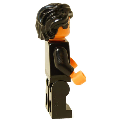Side view of LEGO Dr. Ian Malcolm minifigure showing black suit jacket and orange hands.