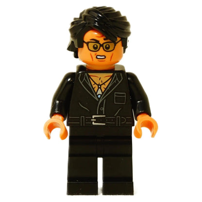 Front view of LEGO Dr. Ian Malcolm minifigure (jw108) with black hair and glasses, showing a shocked or strained facial expression.