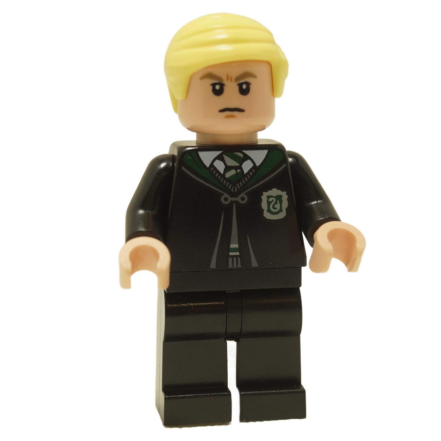 LEGO minifigure of Draco Malfoy from Harry Potter wearing a black Slytherin robe with a house crest on the chest.