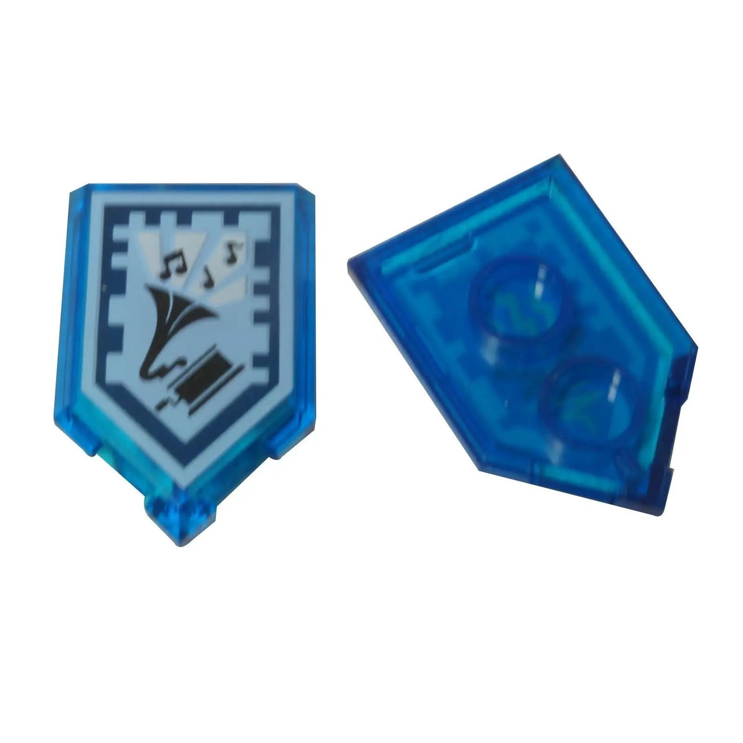 LEGO Nexo Knights Drop the Beat Power Shield, front and back views, trans-blue with phonograph design.