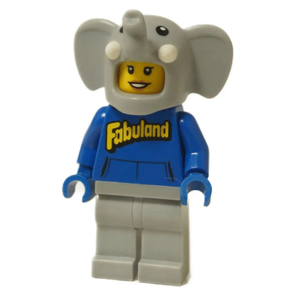 LEGO® Elephant Costume Girl minifigure idea238 wearing grey elephant headpiece and blue Fabuland hoodie from set 21358