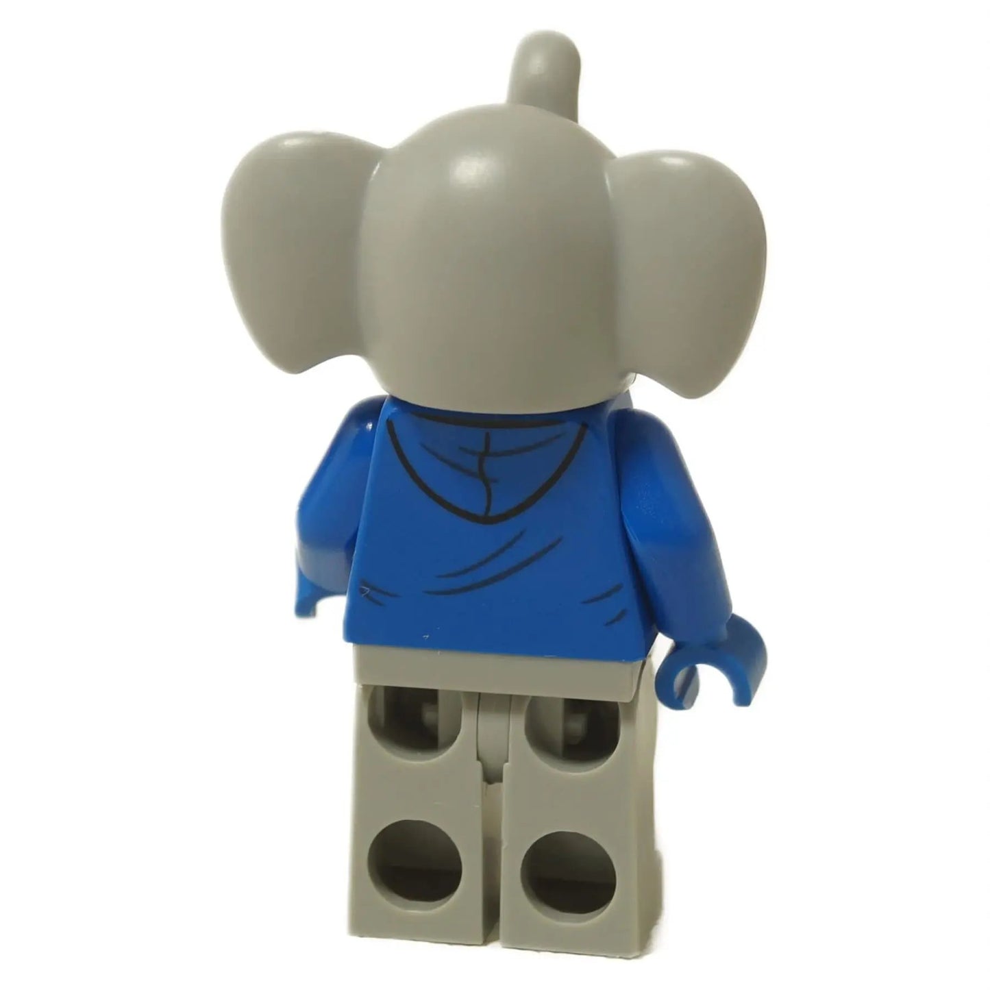 Back view of LEGO® Elephant Costume Girl Minifigure showing gray elephant head and blue hoodie print.