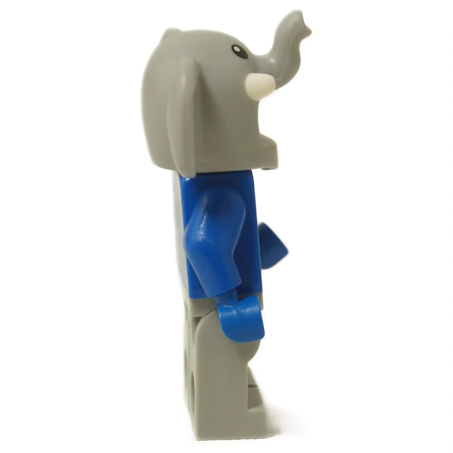 Side view of LEGO® Elephant Costume Girl Minifigure with gray elephant head and blue torso.