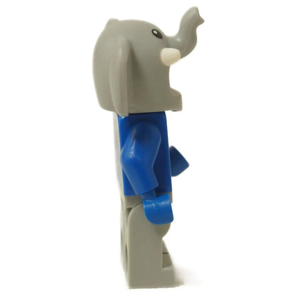 Side view of LEGO® Elephant Costume Girl Minifigure with gray elephant head and blue torso.