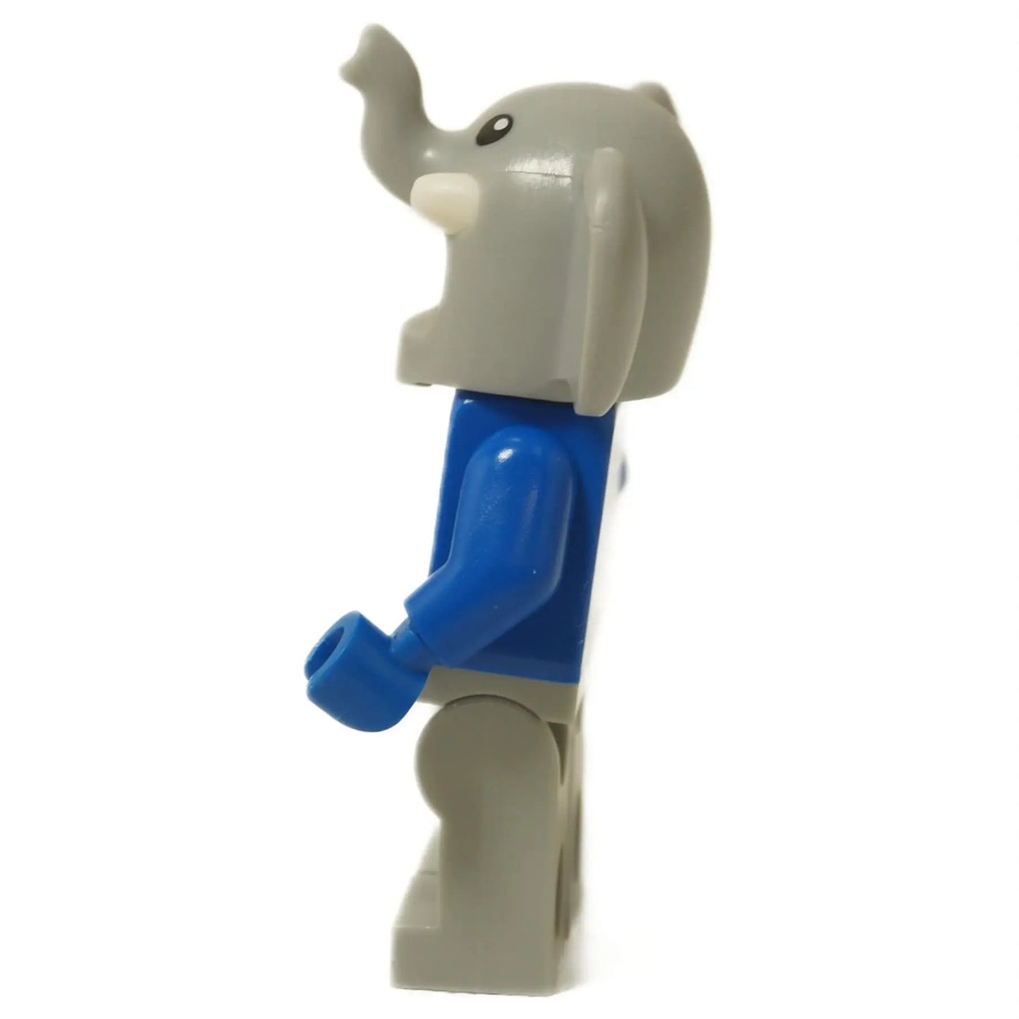Opposite side view of LEGO® Elephant Costume Girl Minifigure with raised trunk and blue outfit.
