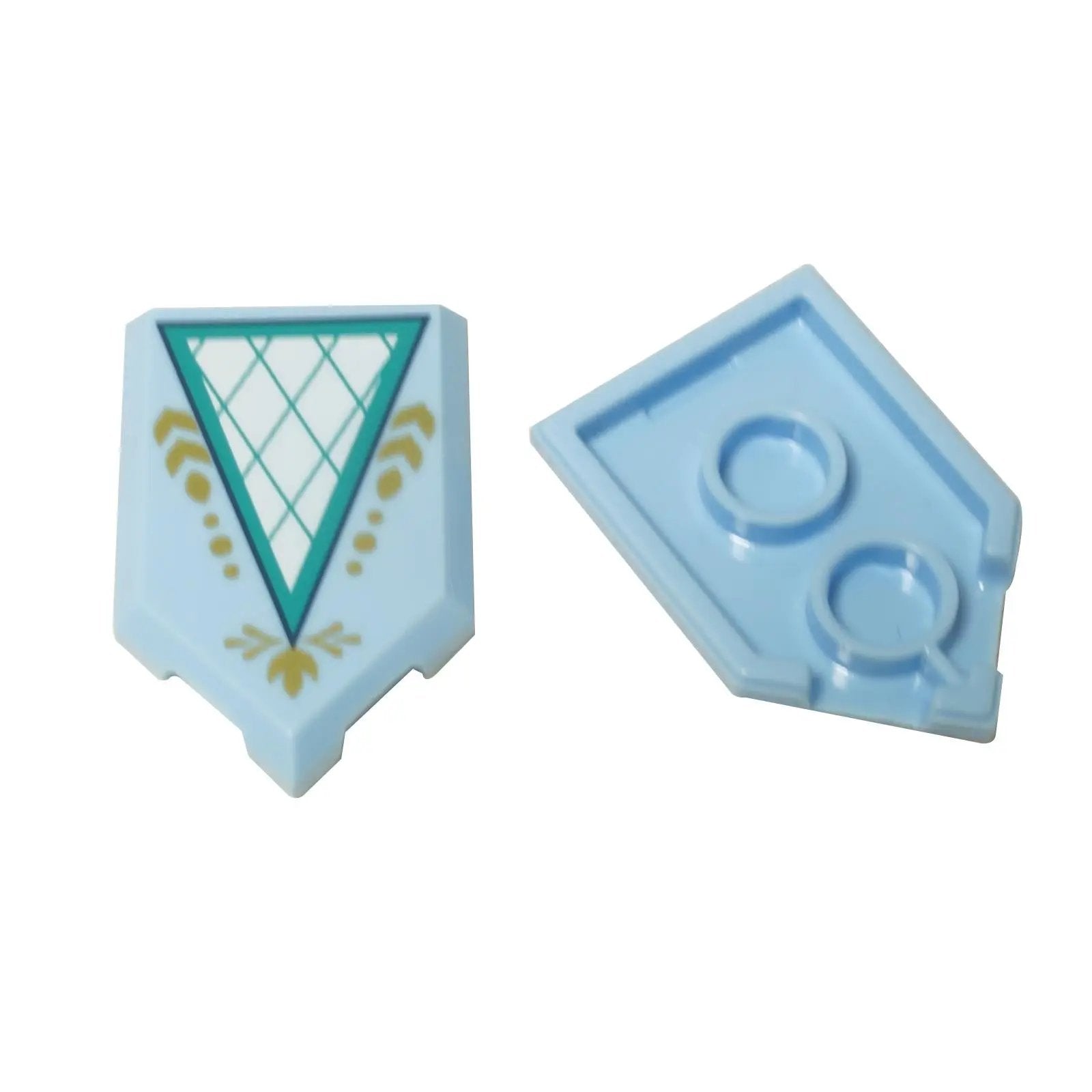 LEGO® Elves shield tile (22385pb182) in light blue with a printed turquoise, white, and gold decorative pattern.