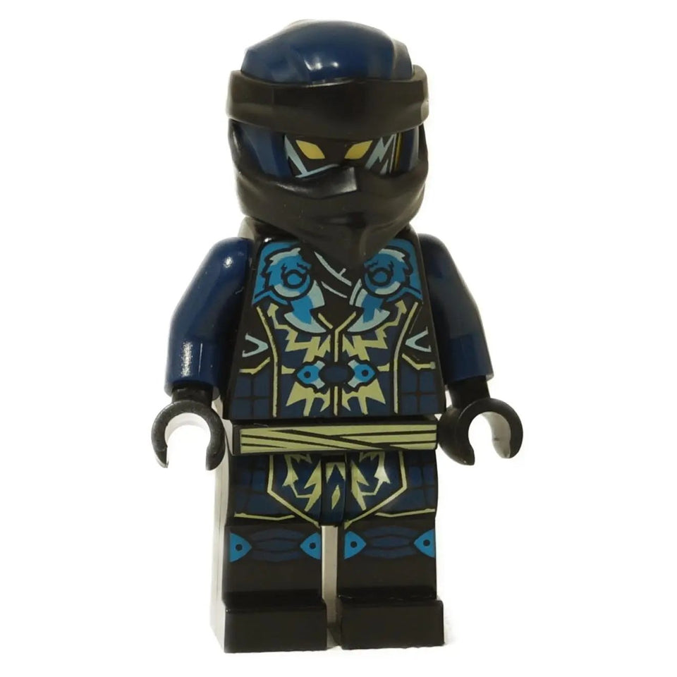 Front view of the LEGO® NINJAGO® Evil Jay minifigure (njo0945) – corrupted lightning ninja with detailed dark blue and gold armor printing and a black hood.