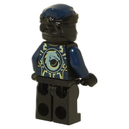 Rear view of the LEGO® NINJAGO® Evil Jay minifigure (njo0945) showing the dark blue and black ninja outfit with an electric dragon emblem printed on the back.