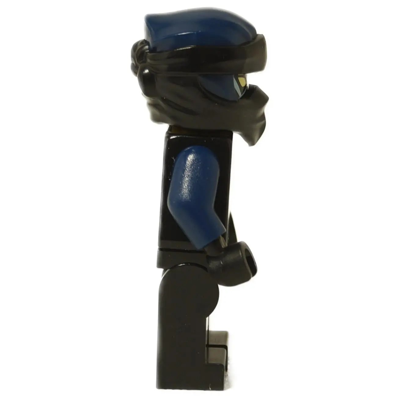 Side view of the LEGO® NINJAGO® Evil Jay minifigure (njo0945) featuring dark blue arm printing and black ninja hood with blue highlights.