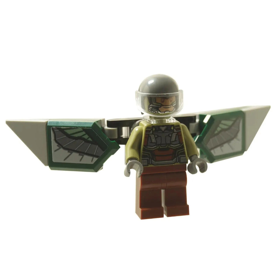 LEGO Falcon (Joaquín Torres) minifigure with green and gray mechanical wings, wearing an olive green shirt and brown legs.