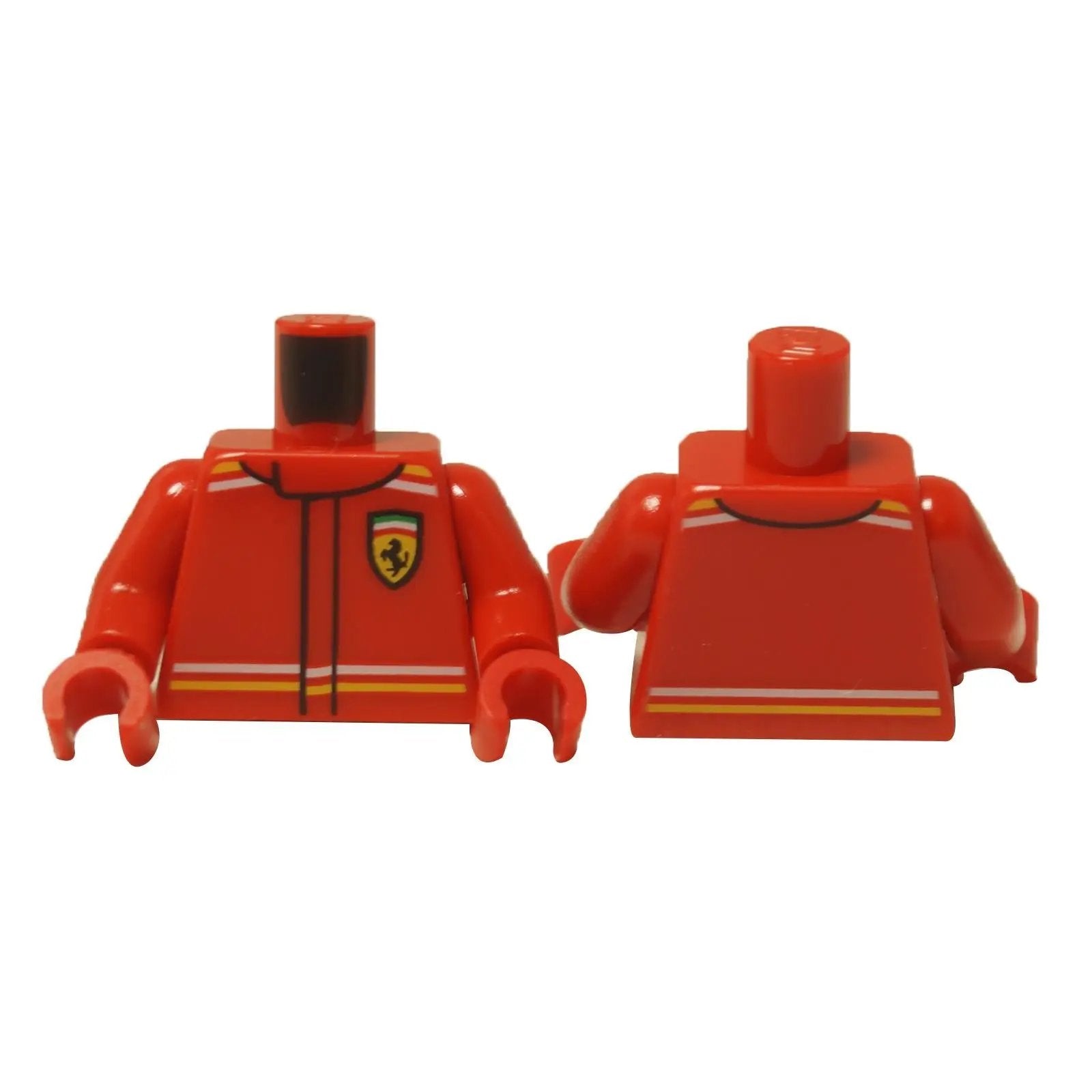  LEGO® Torzo závodní kombinézy Ferrari F1 řidiče v červené barvě (973pb6024c01), zobrazující detaily přední a zadní části ikonické motorsportové uniformy.