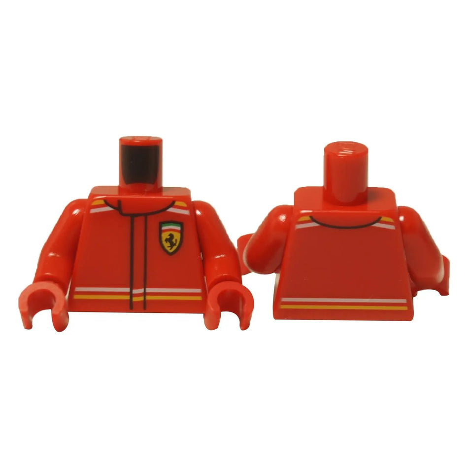  LEGO® Ferrari F1 driver red racing suit torso (973pb6024c01), showing front and back details of the iconic motorsport uniform.