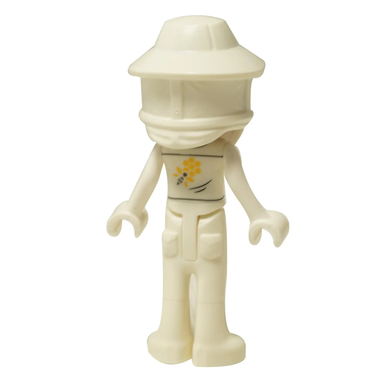 LEGO® Muñeca mini-doll Orla de Friends (frnd0818) en un traje de apicultor blanco, mostrada con y sin su casco de protección. Vista trasera.