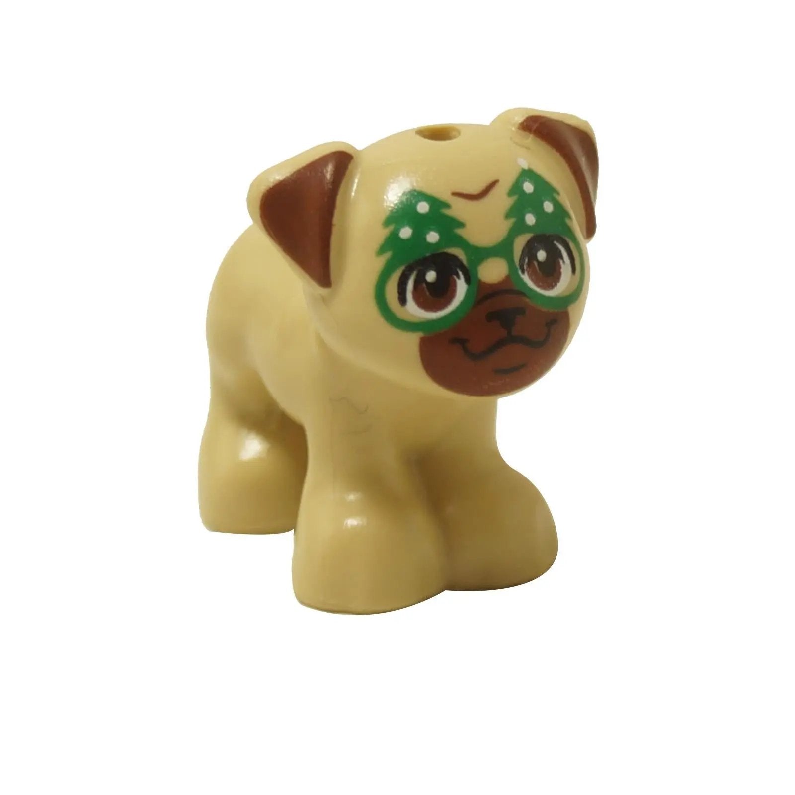 Tan pug dog figure with Christmas glasses print, brown muzzle, and green festive eye decoration.
