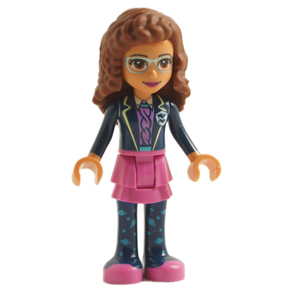 LEGO Friends mini-doll, Olivia, wearing a dark pink skirt, dark blue leggings, and a dark blue jacket with a smart and stylish look.