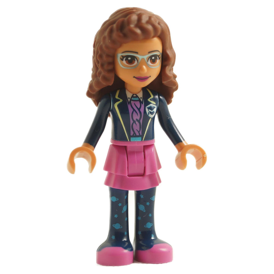 LEGO Friends mini-doll, Olivia, wearing a dark pink skirt, dark blue leggings, and a dark blue jacket with a smart and stylish look.