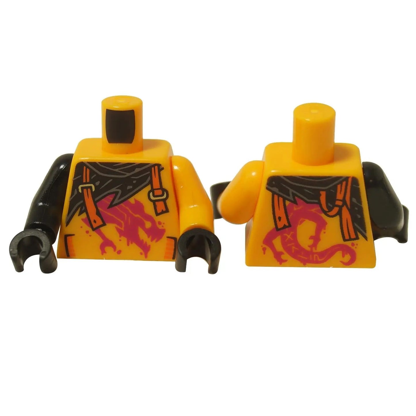 Přední a zadní pohled na jasně oranžový LEGO® Torzo (973pb5955c01) s magentovým graffiti drakem, otrhaným černým šátkem a jednou černou rukou.