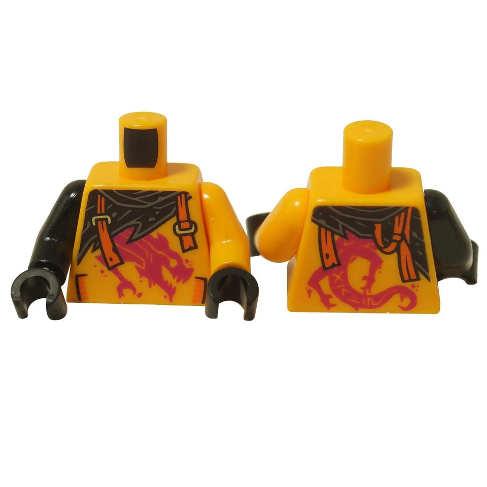 Front and back view of a bright orange LEGO® Torso (973pb5955c01) with a magenta graffiti dragon, tattered black scarf, and one black arm.
