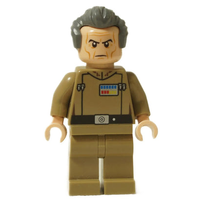  LEGO Star Wars Grand Moff Tarkin minifigure shown from the front. He has gray hair, a stern expression, and wears a dark tan Imperial officer's uniform.