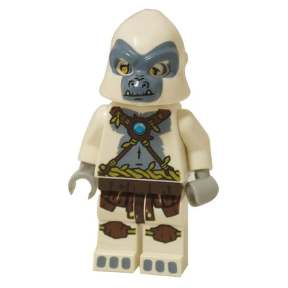 LEGO Legends of Chima Gorilla Tribe minifigure, Grizzam (loc040), with a white molded gorilla head, and a printed torso showing a CHI orb and crossed staves.