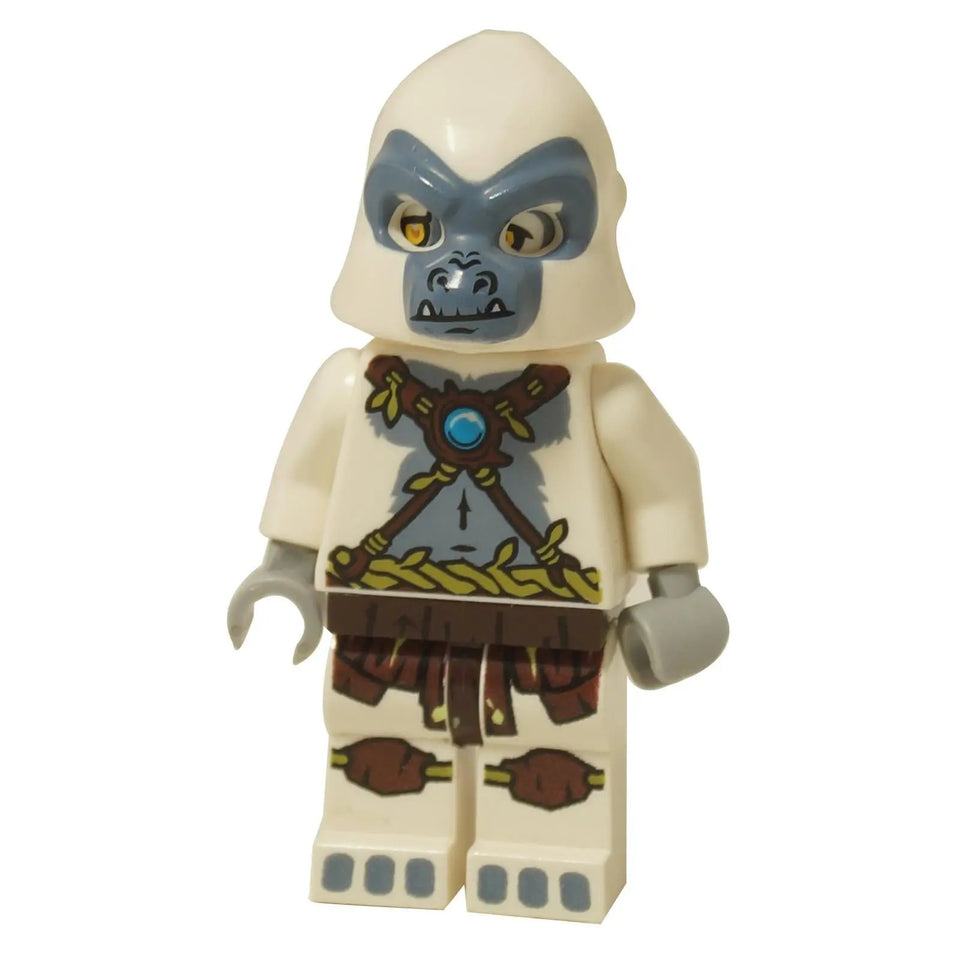 LEGO Legends of Chima Gorilla Tribe minifigure, Grizzam (loc040), with a white molded gorilla head, and a printed torso showing a CHI orb and crossed staves.