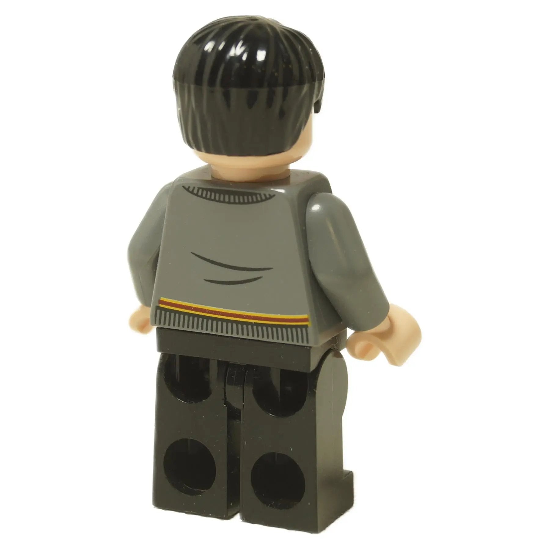  LEGO® Minifigura de Harry Potter (hp220) con su suéter gris de Gryffindor, gafas características y pantalones negros. Vista trasera.