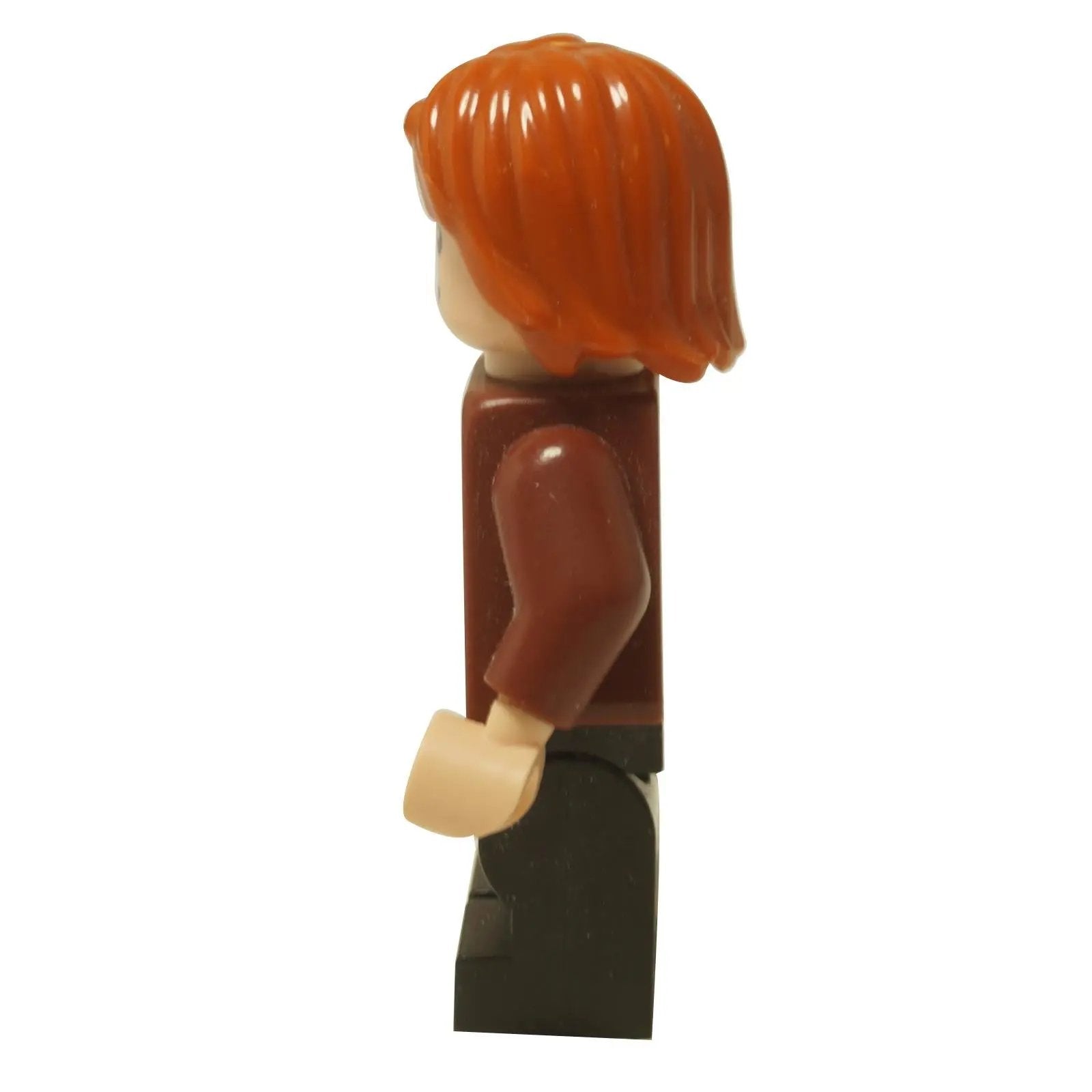 LEGO® Minifigura de Harry Potter Ron Weasley (hp185) vistiendo su túnica de gala arrugada de color marrón rojizo para el Baile de Yule. Vista lateral.