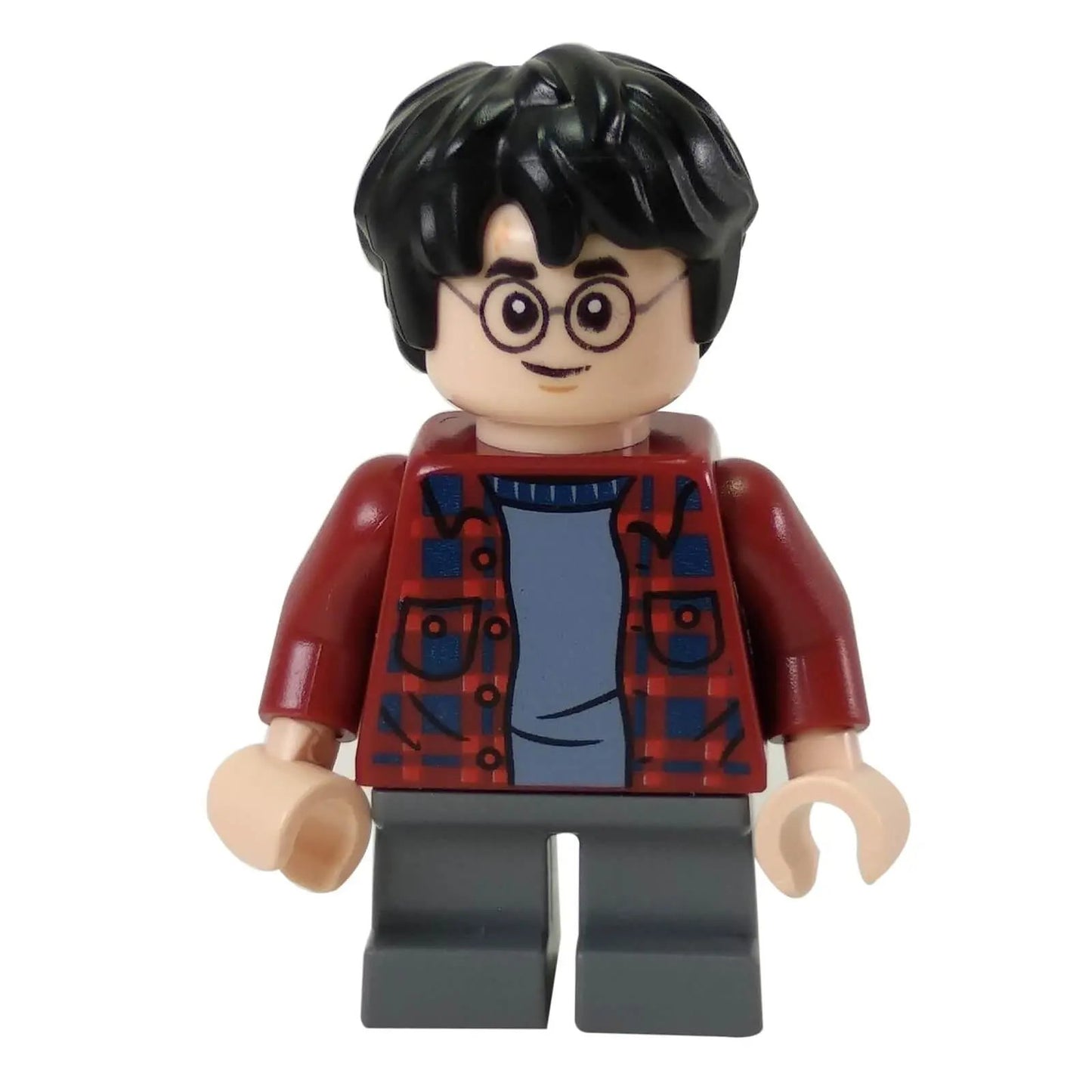 Front view of the LEGO® Harry Potter™ minifigure (hp143) featuring glasses, black hair, and a red and blue plaid flannel shirt over a blue undershirt.