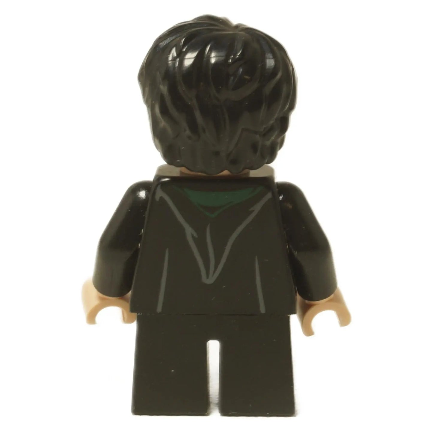  LEGO® Minifigura de Harry Potter (hp285) mostrando la transformación de Harry en Gregory Goyle, vistiendo una túnica de Slytherin con una expresión de mal humor. Vista trasera.