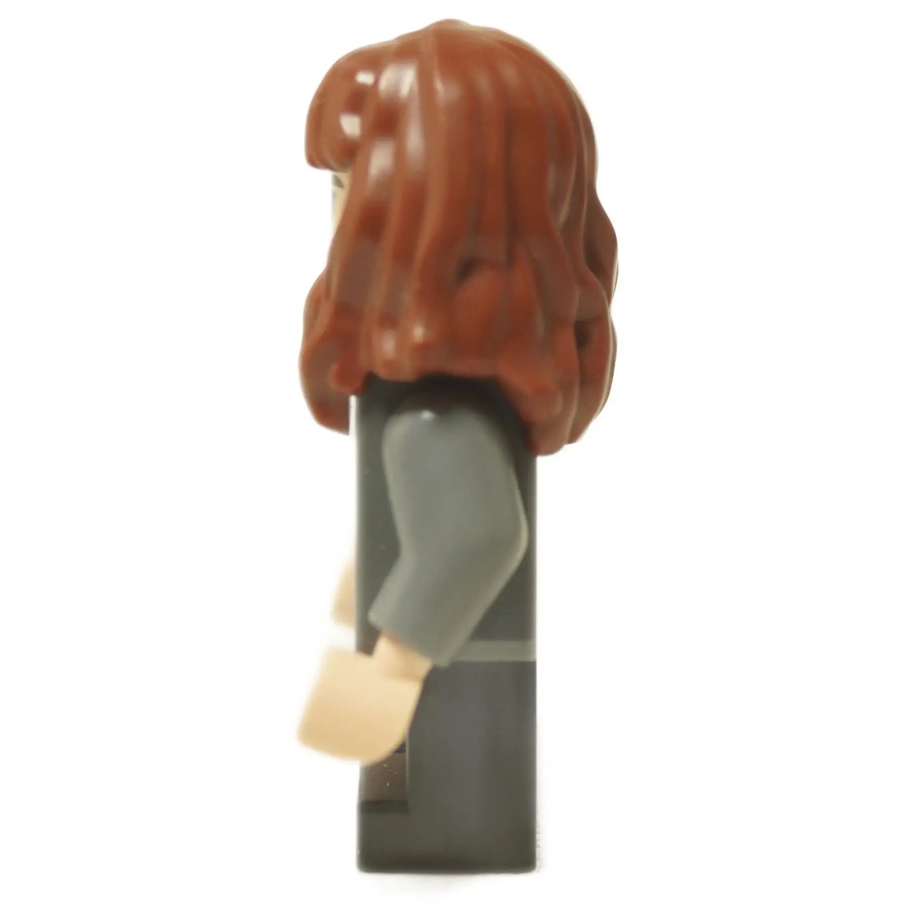 LEGO® Minifigura de Hermione Granger de Harry Potter (hp272) vistiendo su suéter gris de Gryffindor y su característico cabello castaño rizado. Vista lateral.