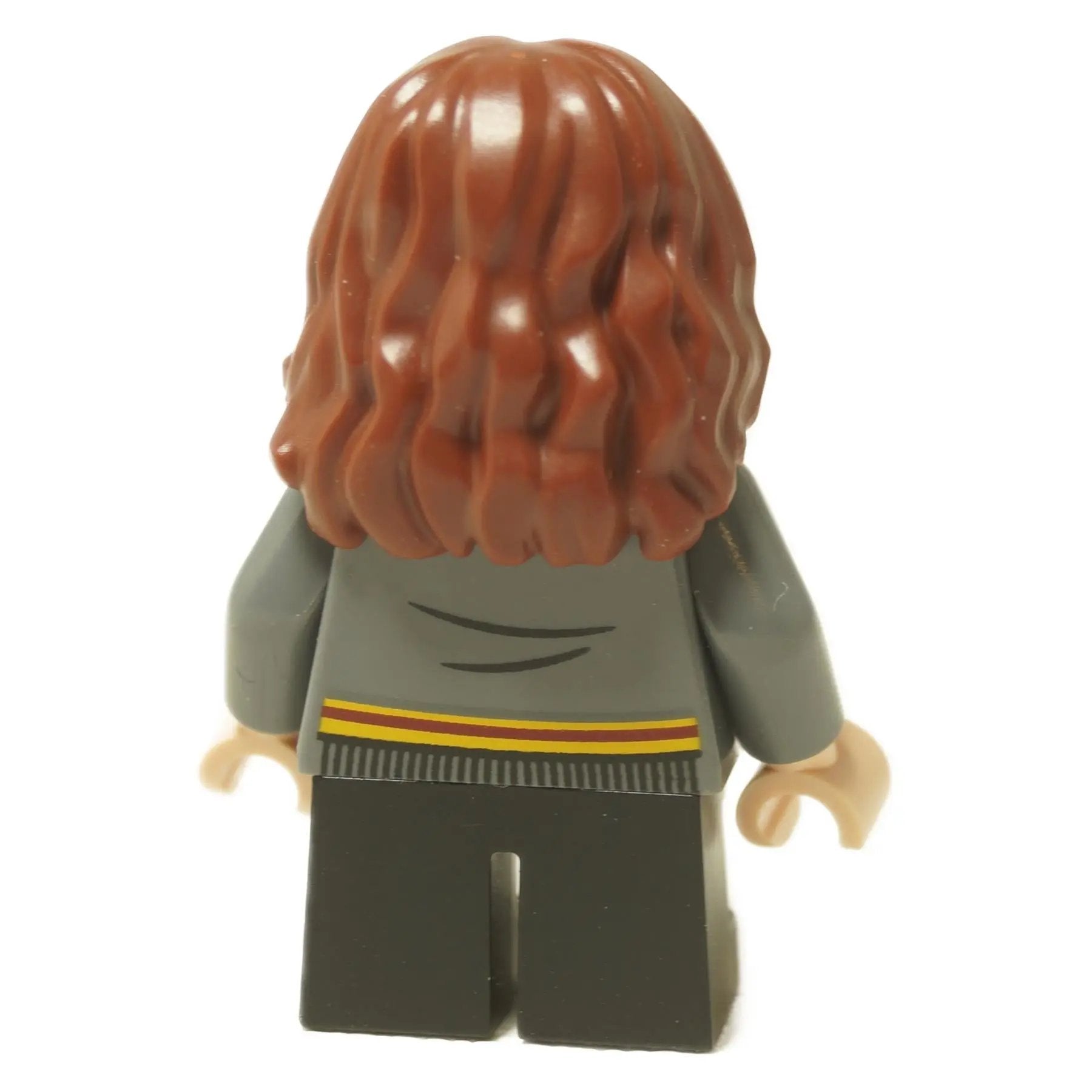 LEGO® Minifigura de Hermione Granger de Harry Potter (hp272) vistiendo su suéter gris de Gryffindor y su característico cabello castaño rizado. Vista trasera.