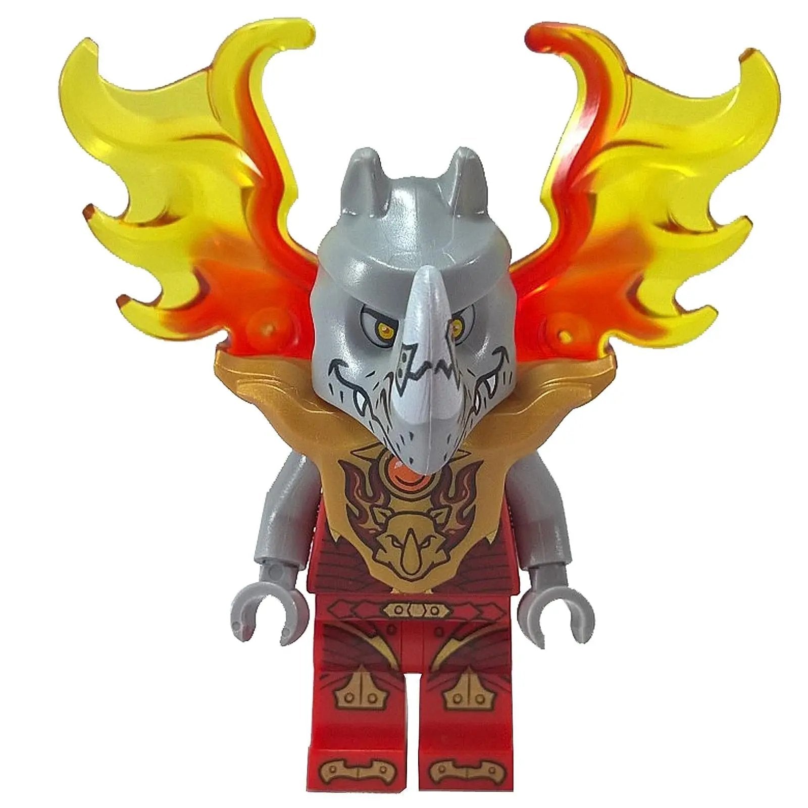 Minifigura LEGO Chima Rogon loc151 con un casco de rinoceronte, armadura dorada y grandes alas de fuego translúcidas amarillas y naranjas. Vista frontal.