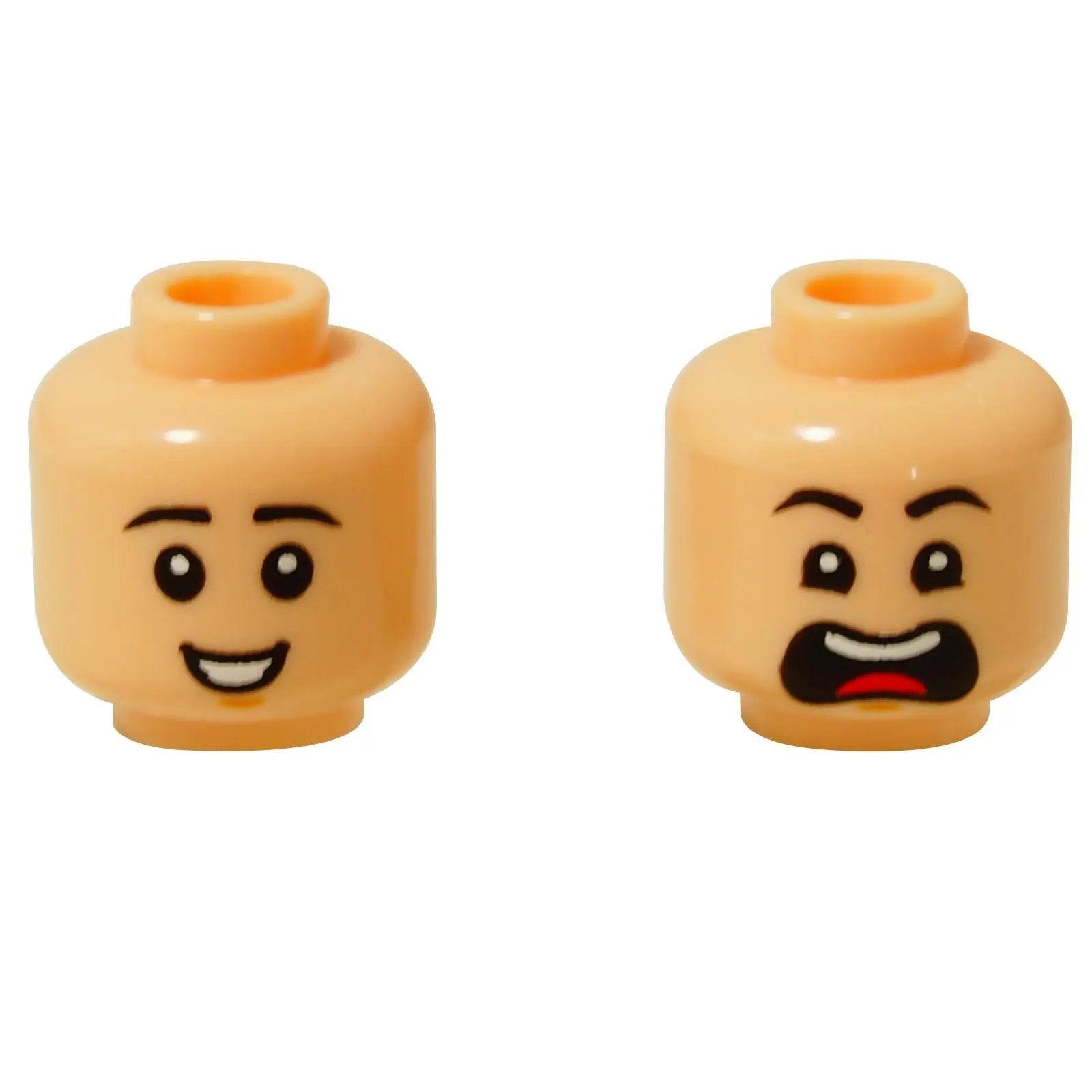LEGO® minifigure head for child figure, dual-sided face with smiling expression on one side and scared expression on the other