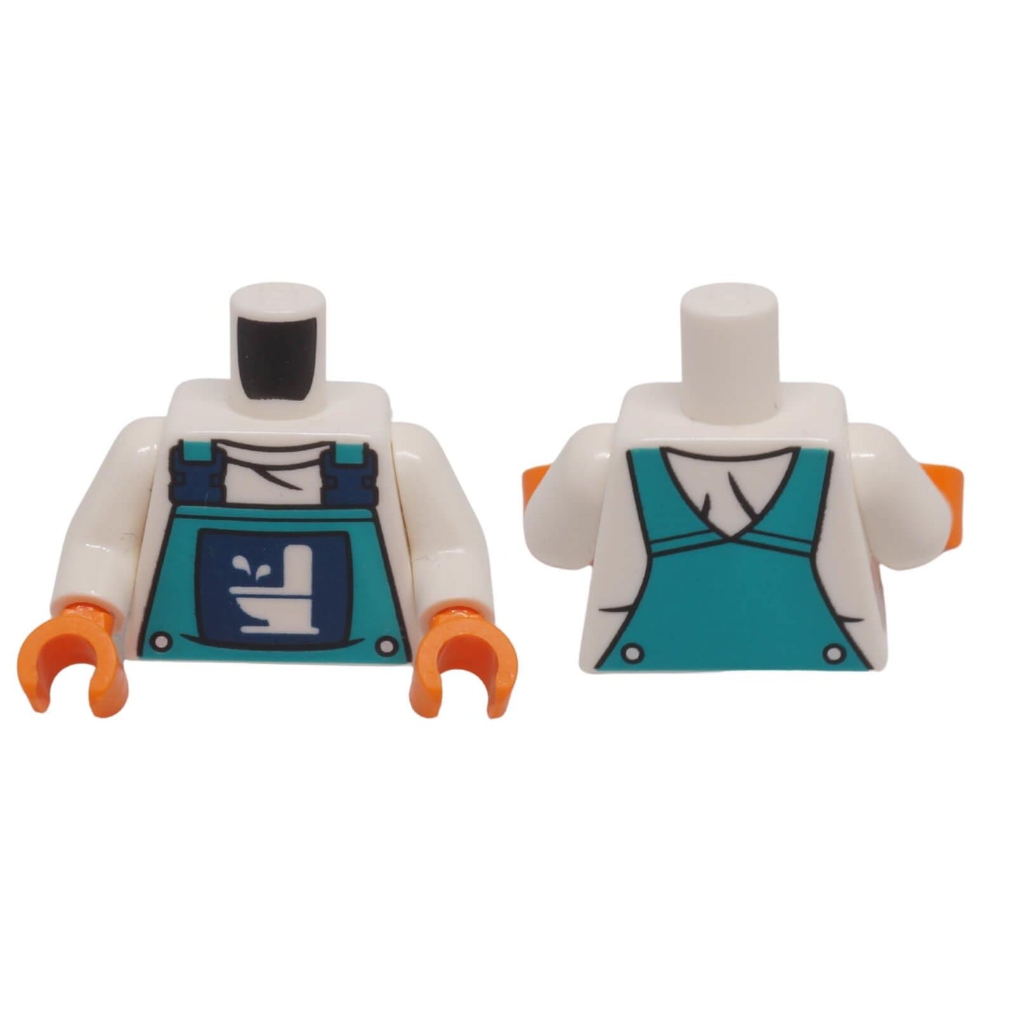 Shop LEGO® overalls torso 973pb6025c01 with dark turquoise workwear print, toilet logo pocket, dark blue buckles, silver-style buttons and back print.