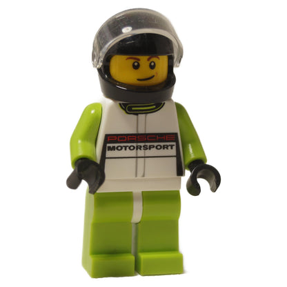 Vista frontal de la minifigura del piloto LEGO Porsche 918 Spyder (sc002) con traje de carreras verde.