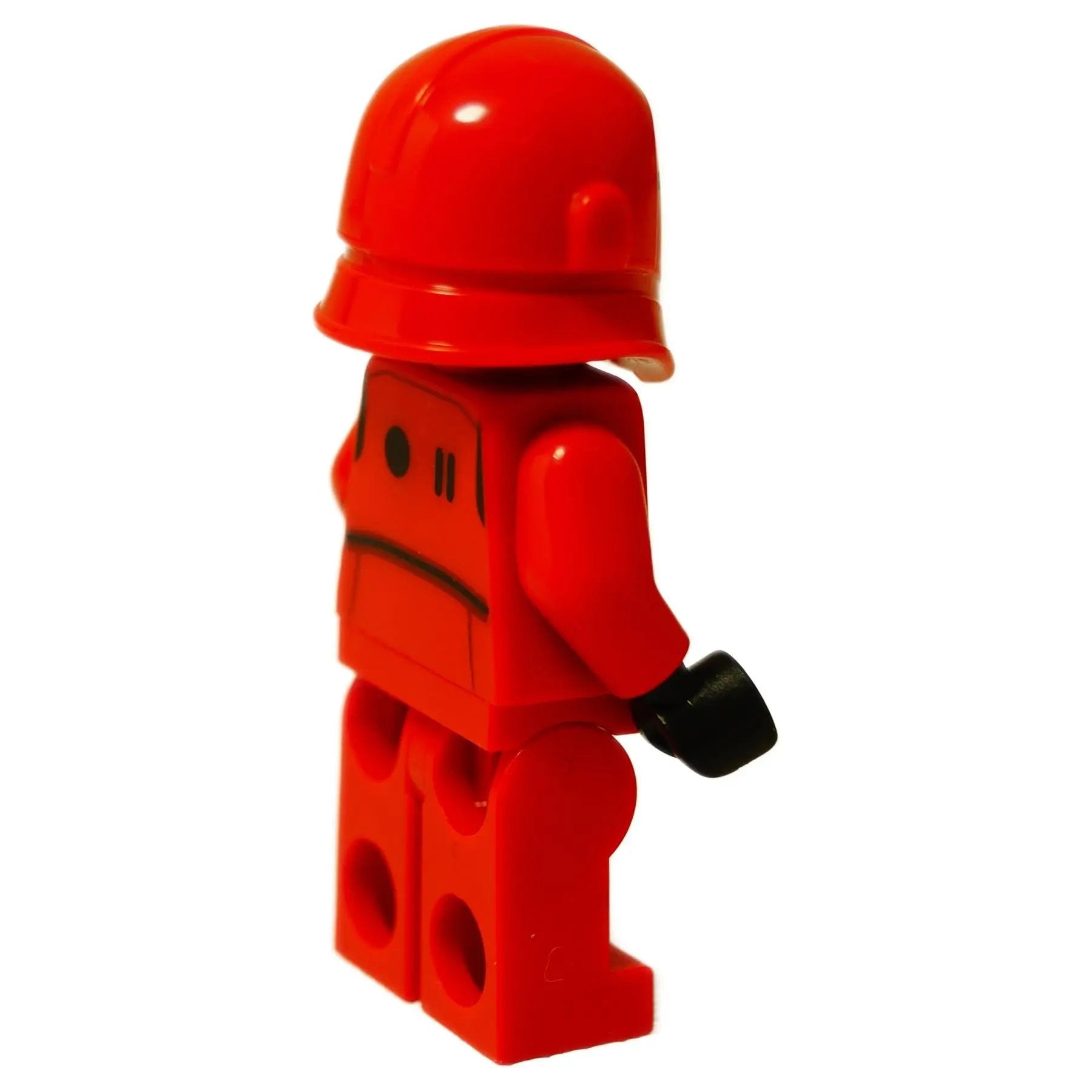 Side view of LEGO Imperial Praetorian Guard minifigure showing the distinctive red helmet shape and black armored detailing.