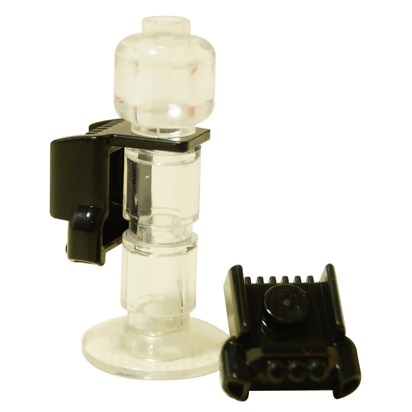 Two black LEGO jetpack/harness elements (58017). One is mounted on a clear minifigure stand.